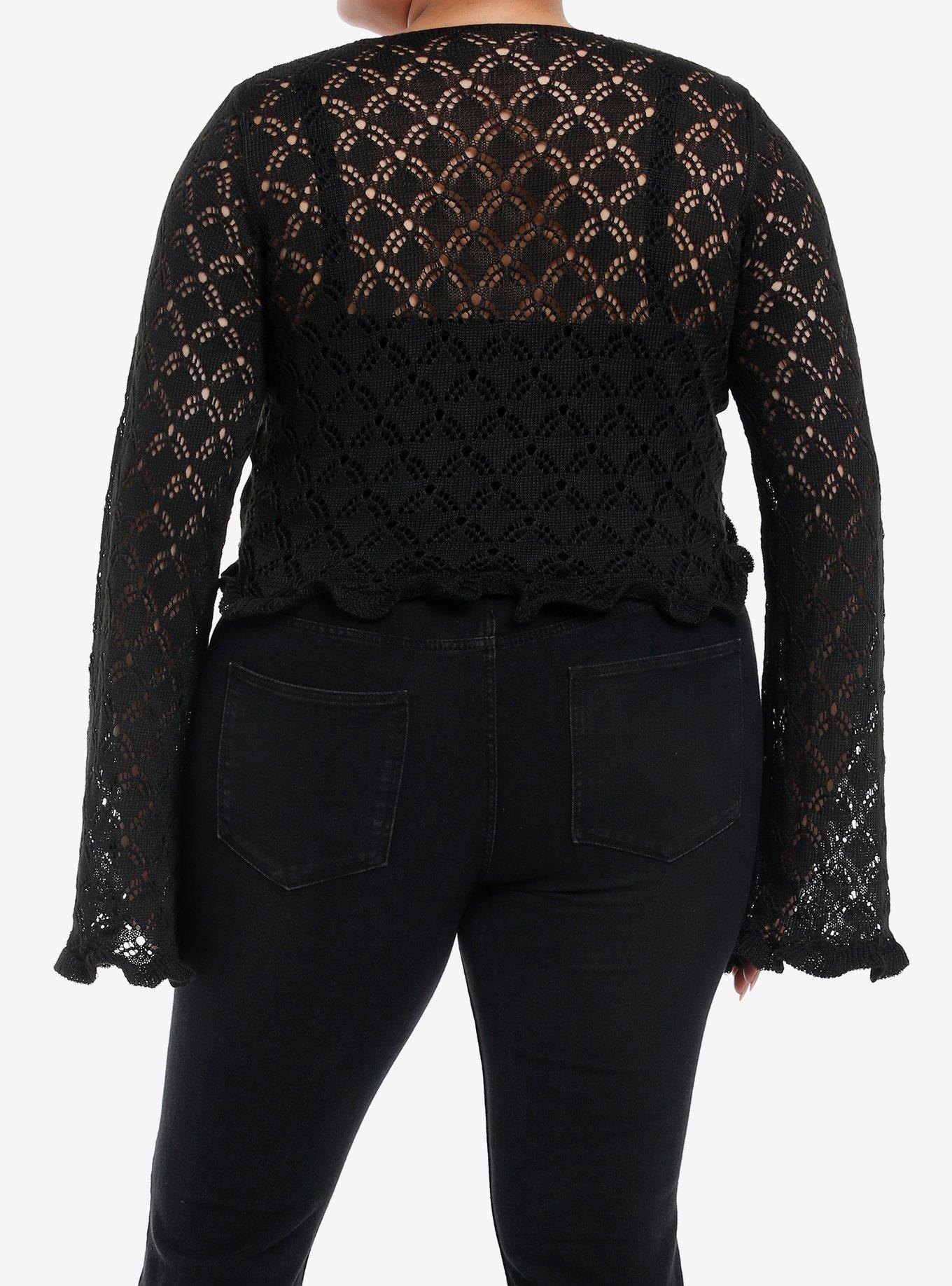 Cosmic Aura Black Knit Ruffle Girls Crop Cardigan Plus Size, BLACK, alternate