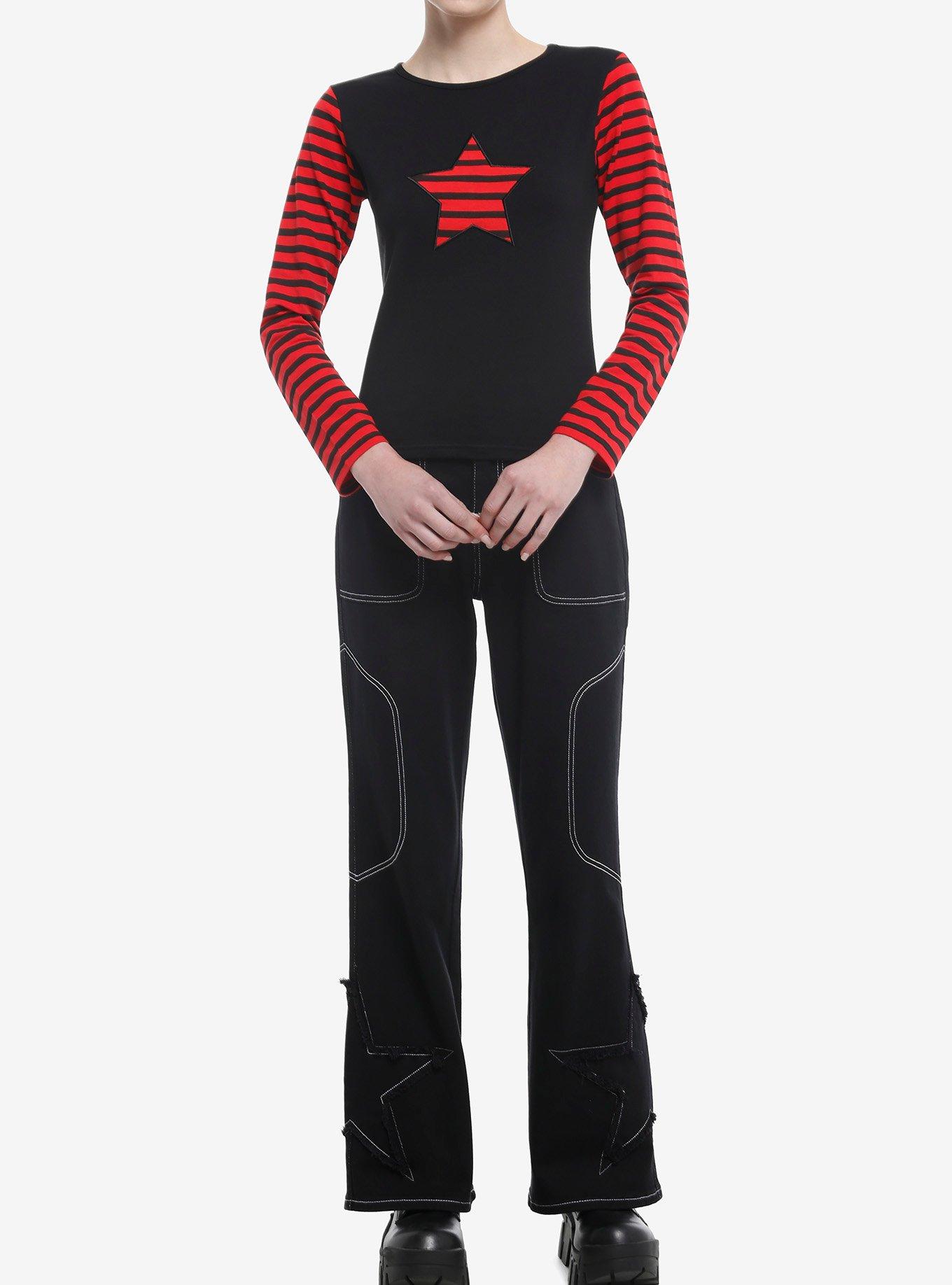 Black & Red Stripe Star Crop Girls Long-Sleeve Top, RED, alternate