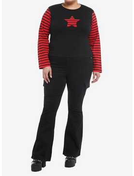 Social Collision® Black & Red Stripe Star Girls Long-Sleeve Crop Top Plus Size, , hi-res