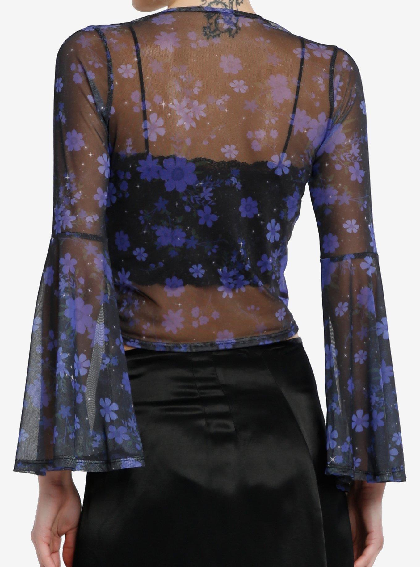 Purple Floral Mesh Girls Bell Sleeve Shrug, , hi-res