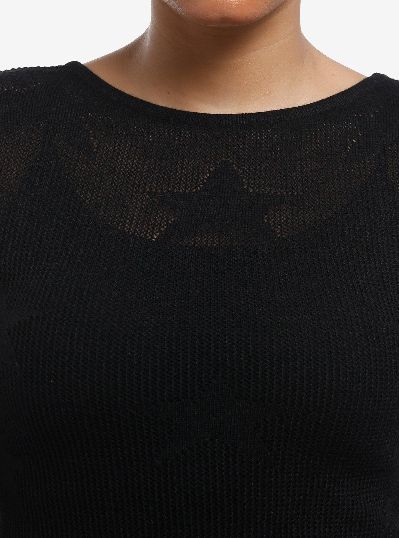Black Star Open Knit Girls Crop Sweater, BLACK, alternate