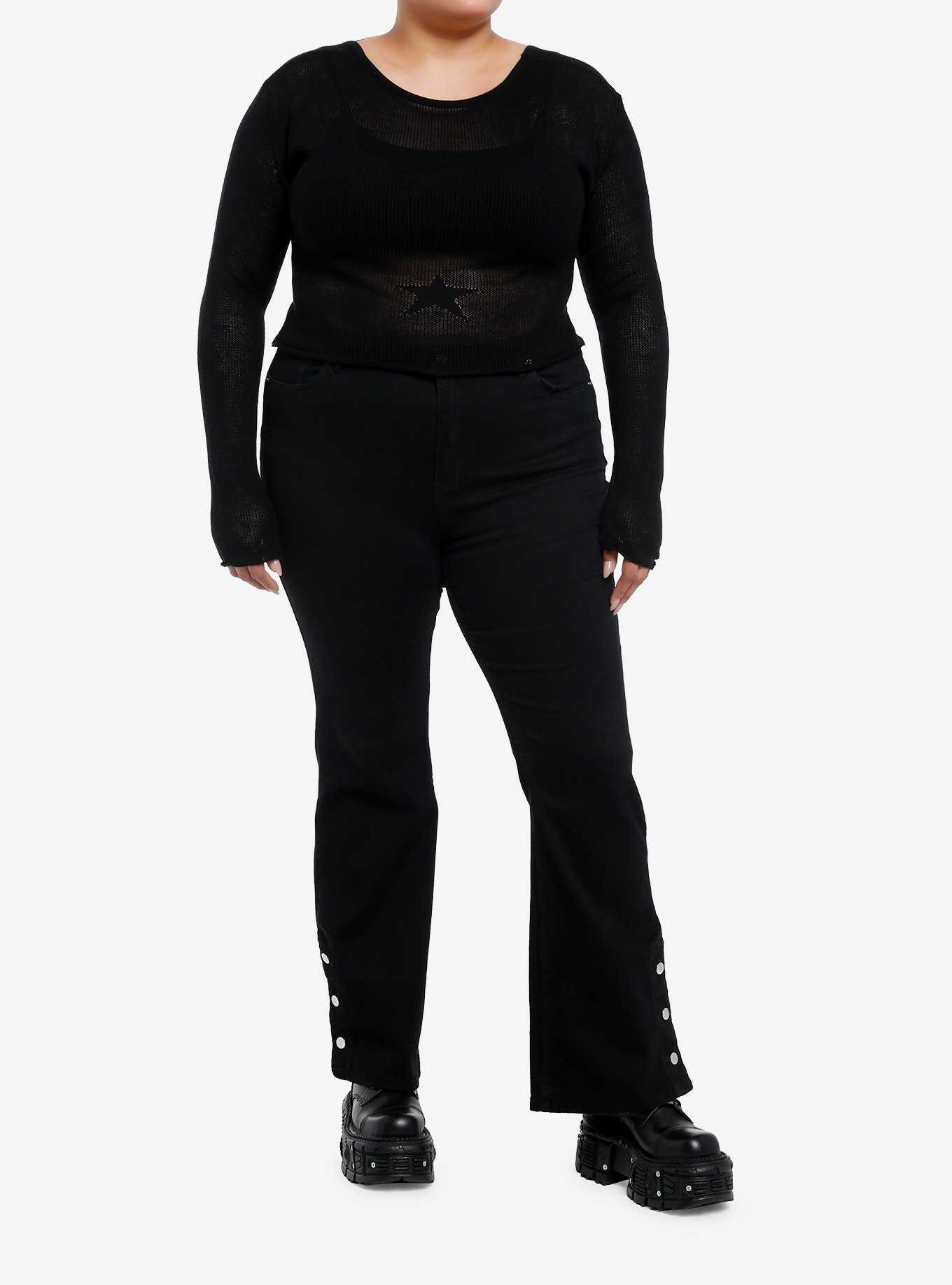 Black Star Open Knit Girls Crop Sweater Plus Size, , hi-res