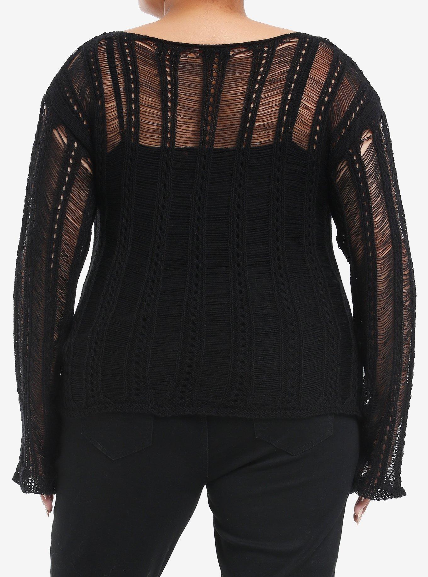 Thorn & Fable Black Destructed Girls Sweater Plus Size, BLACK, alternate