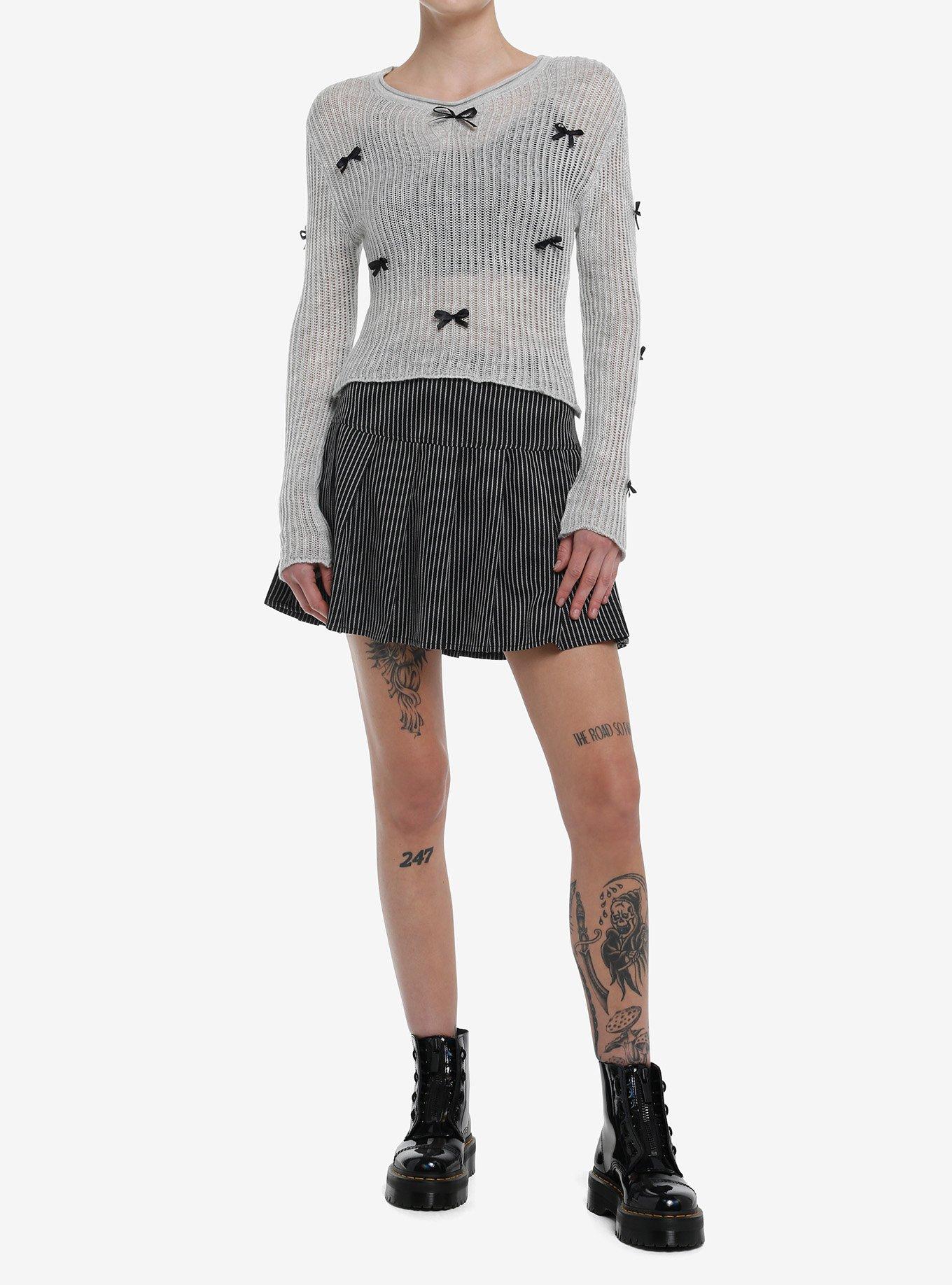 Grey Black Bow Knit Girls Sweater, , hi-res