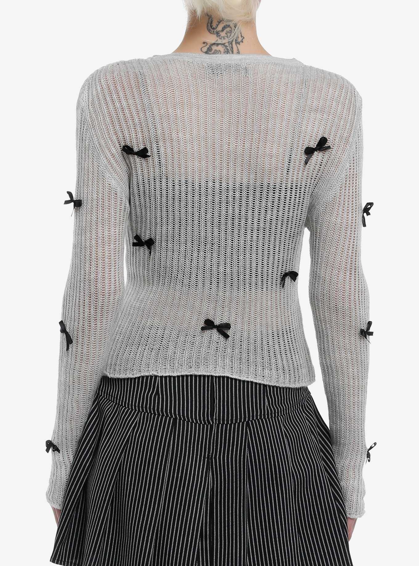 Grey Black Bow Girls Knit Sweater, , hi-res