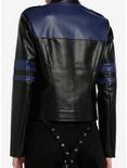 Social Collision Navy Blue Stripe Faux Leather Girls Moto Jacket, GREY, alternate
