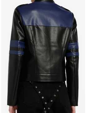 Social Collision Navy Blue Stripe Faux Leather Girls Moto Jacket, , hi-res