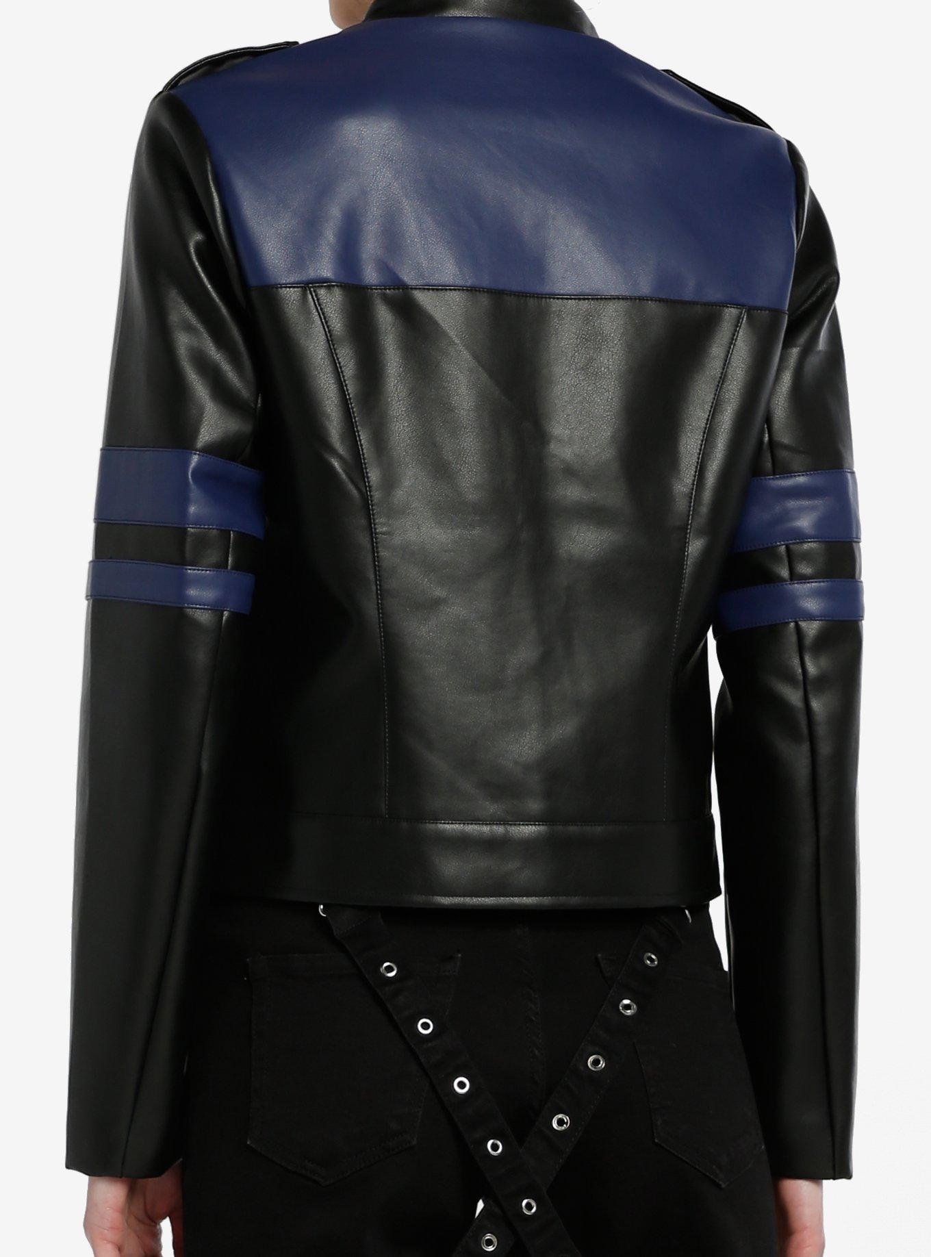 Social Collision Navy Blue Stripe Faux Leather Girls Moto Jacket, GREY, alternate