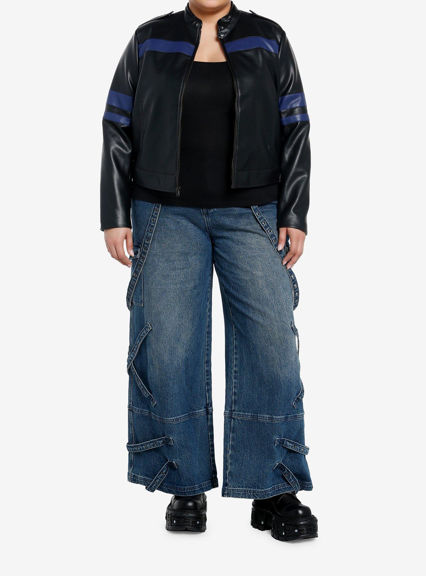 Social Collision Navy Blue Stripe Faux Leather Girls Moto Jacket Plus Size, , hi-res