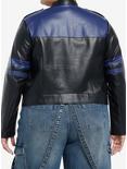 Social Collision Navy Blue Stripe Faux Leather Girls Moto Jacket Plus Size, GREY, alternate