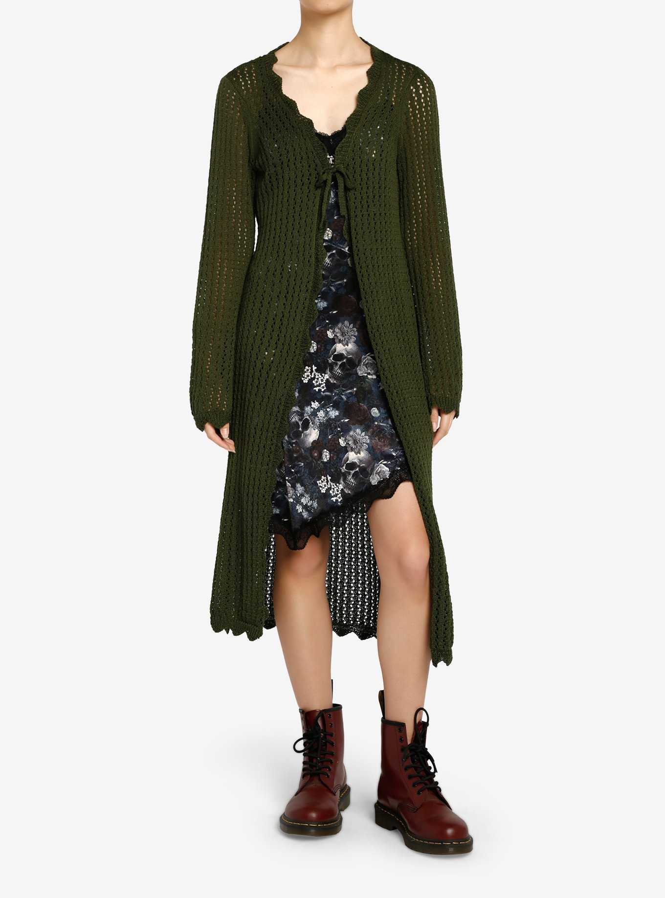 Thorn & Fable Green Tie-Front Girls Midi Knit Cardigan, , hi-res
