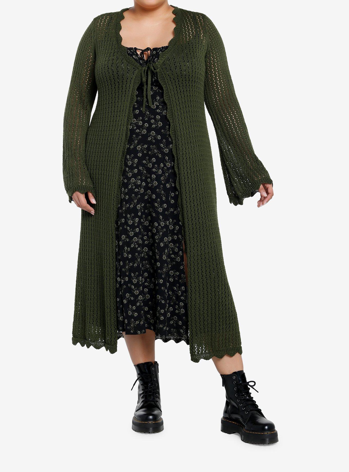 Thorn & Fable Green Tie-Front Girls Midi Knit Cardigan Plus Size, GREEN, alternate