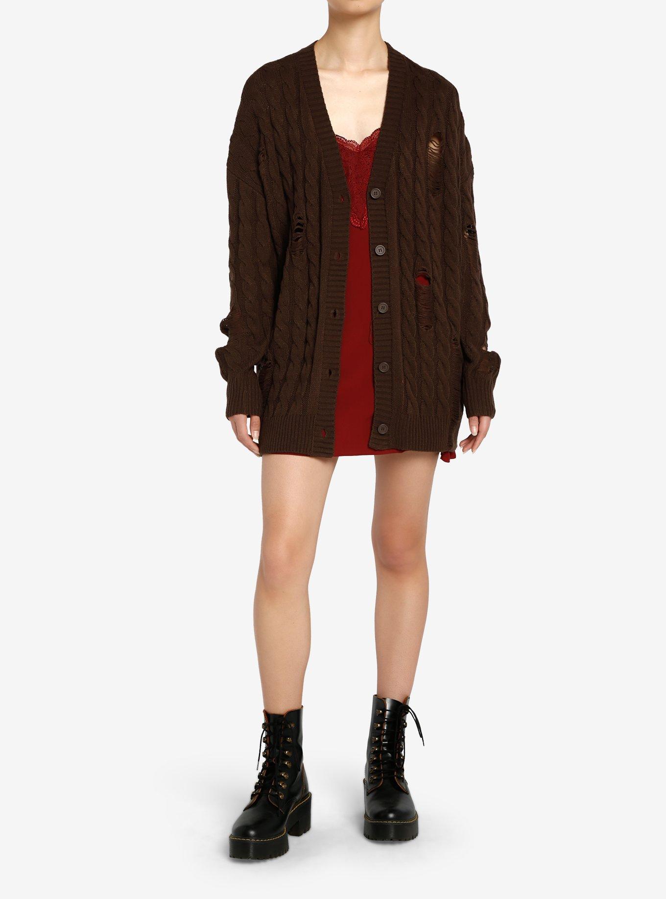 Thorn & Fable Brown Destructed Girls Boxy Knit Cardigan, , hi-res