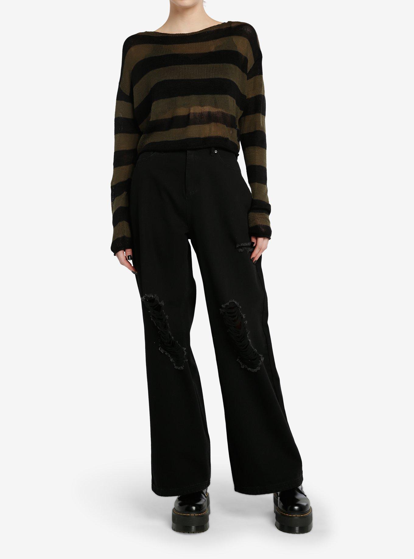 Social Collision Green & Black Stripe Crop Girls Sweater, BLACK, alternate