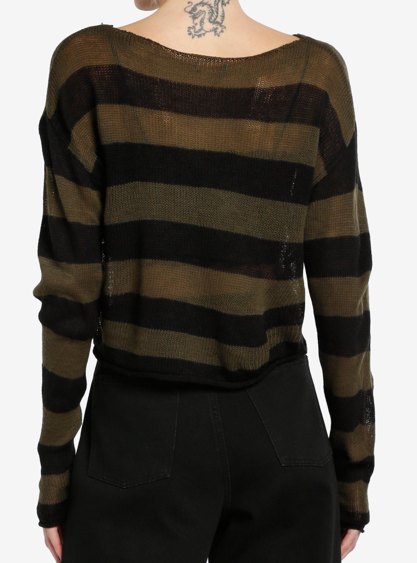 Social Collision Green & Black Stripe Crop Girls Sweater, BLACK, alternate