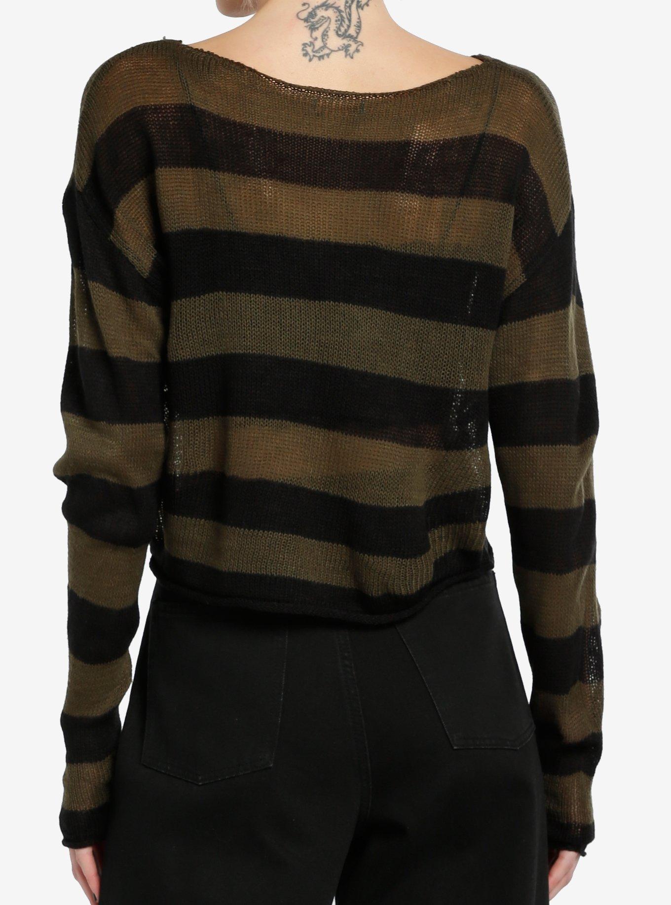 Social Collision Green & Black Stripe Girls Crop Sweater, , hi-res