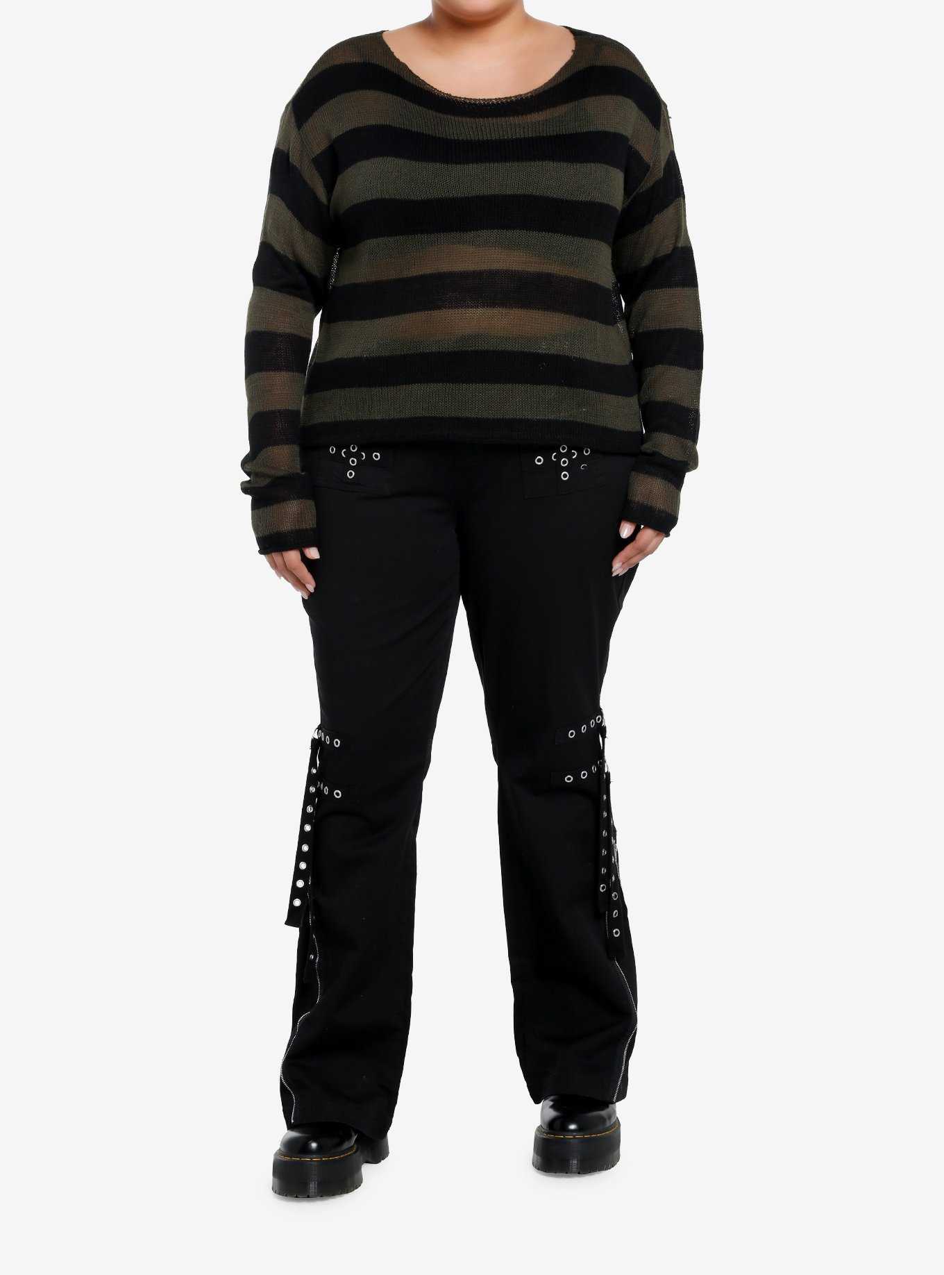 Social Collision Green & Black Stripe Crop Girls Sweater Plus Size, , hi-res