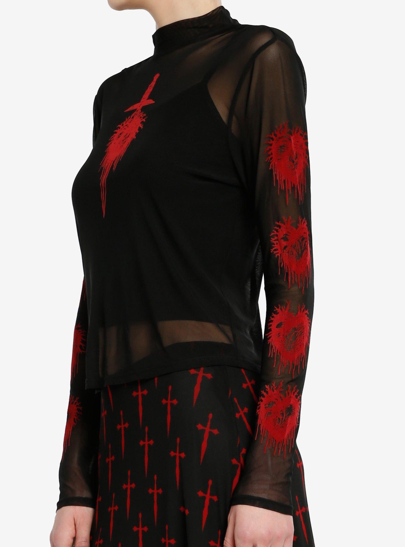 Social Collision Red Heart Dagger Black Mesh Girls Twofer Long-Sleeve Top, RED, alternate