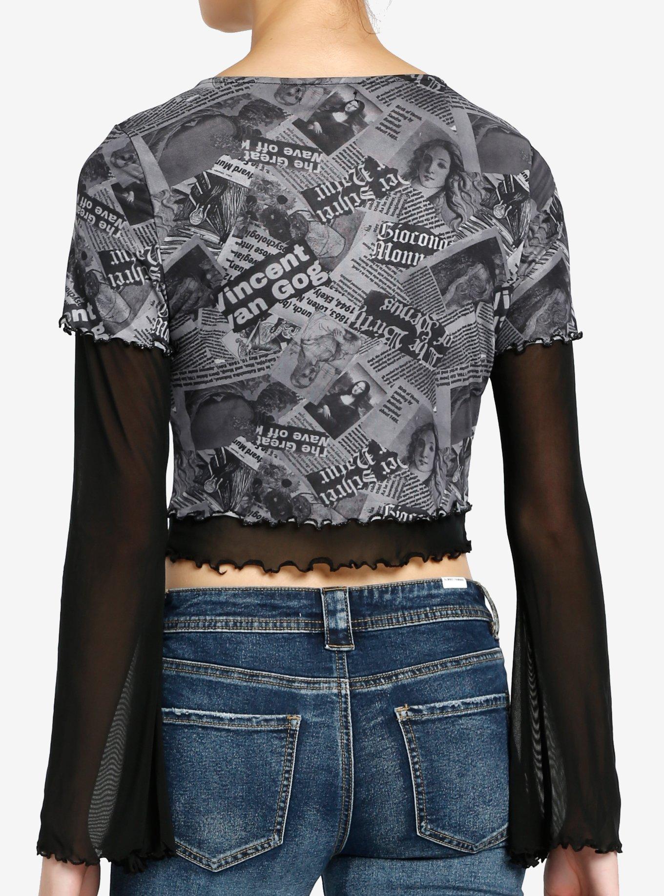 Social Collision Newsprint Mesh Sleeve Girls Twofer Top, , hi-res