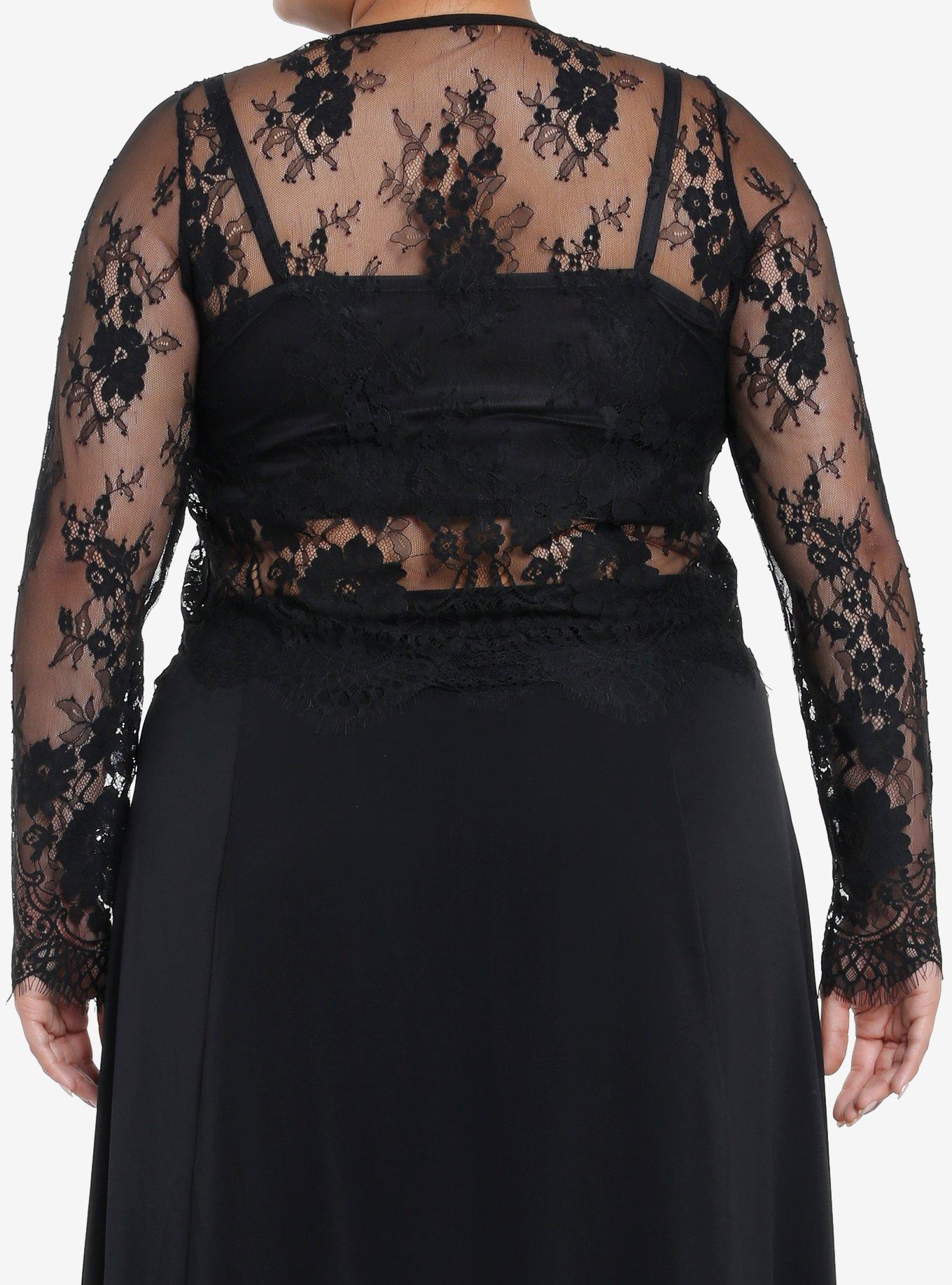 Cosmic Aura Black Floral Lace Girls Twofer Long-Sleeve Top Plus Size, BLACK, alternate