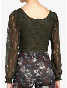 Thorn & Fable Green Lace Ruched Girls Crop Long-Sleeve Top, , hi-res