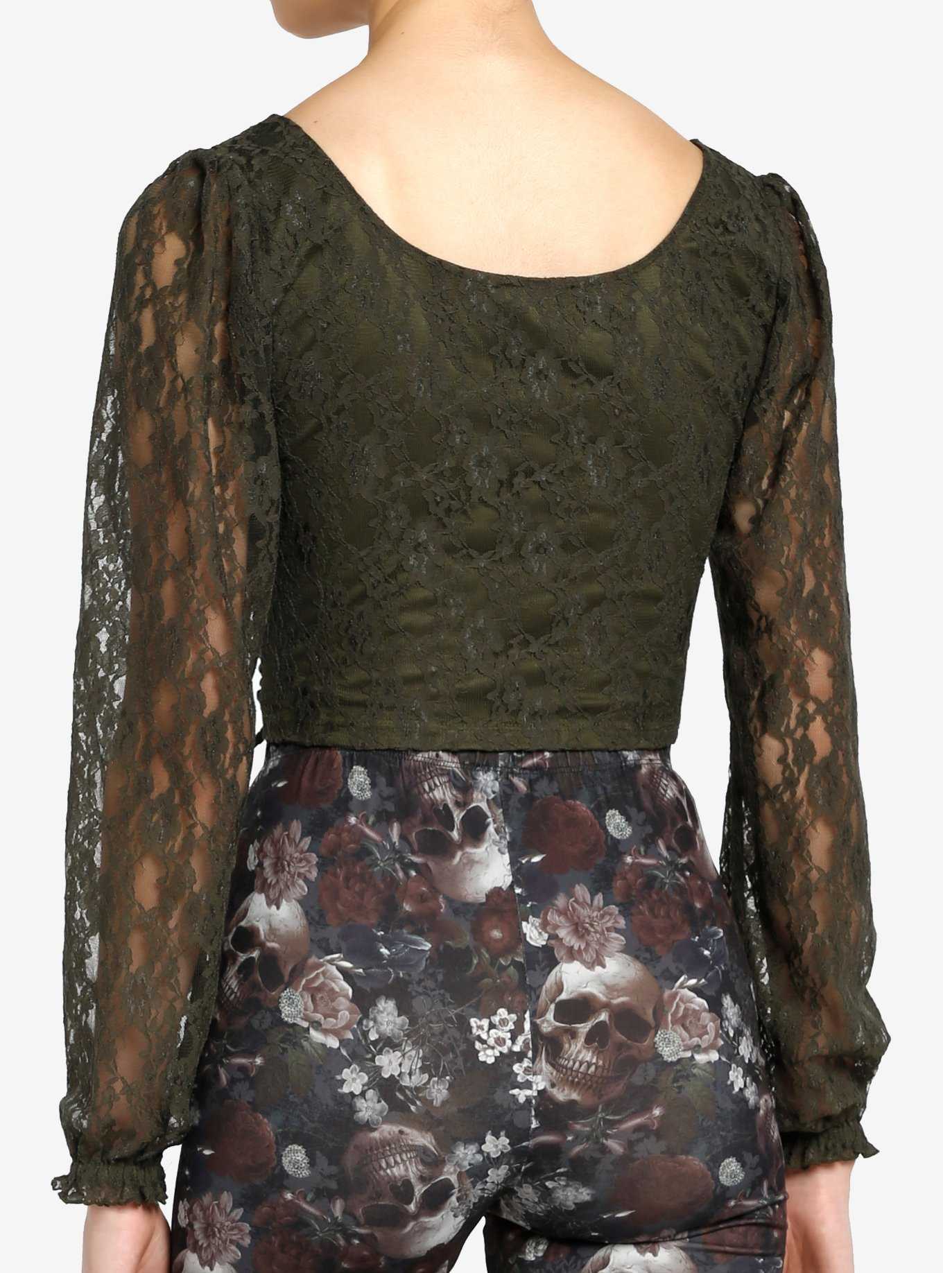 Thorn & Fable Green Lace Ruched Girls Crop Long-Sleeve Top, , hi-res