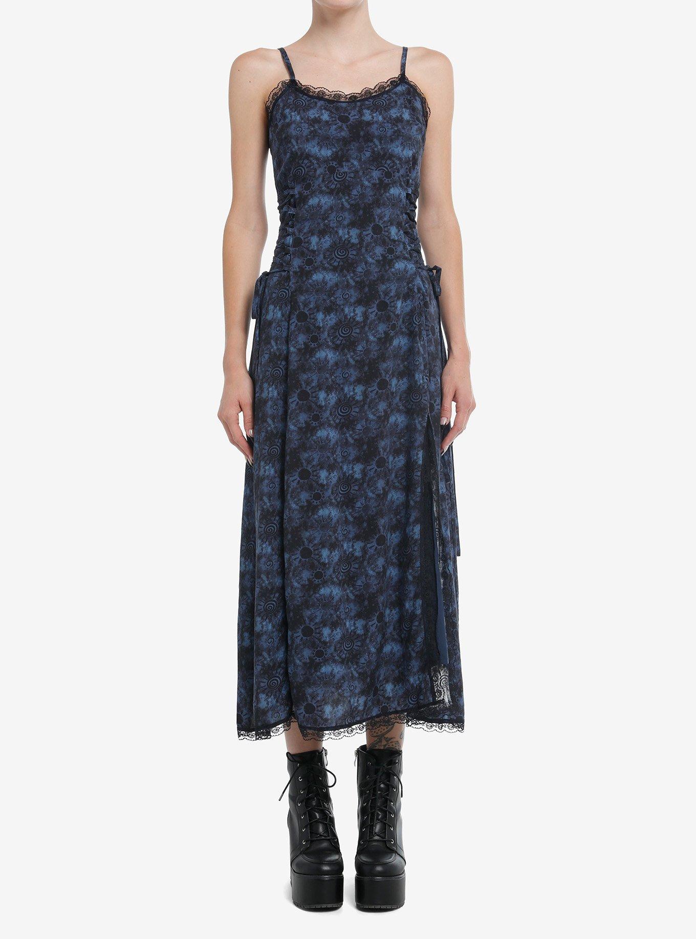 Cosmic Aura Blue Swirl Wash Side Slit Midi Dress, , hi-res