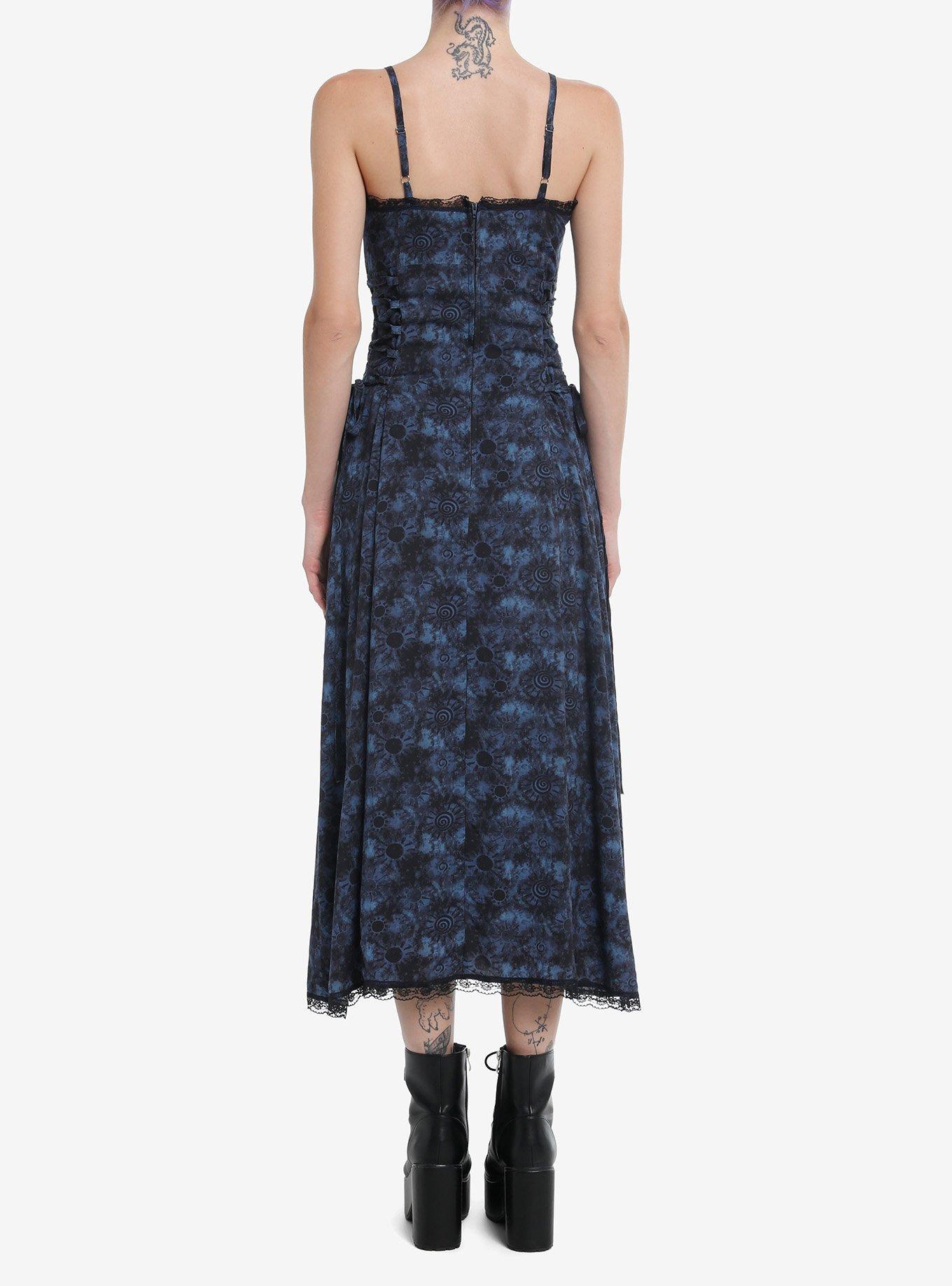 Cosmic Aura Blue Swirl Wash Side Slit Midi Dress, NAVY, alternate