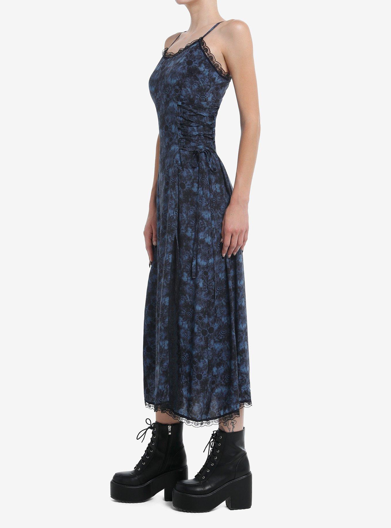 Cosmic Aura Blue Swirl Wash Side Slit Midi Dress, NAVY, alternate