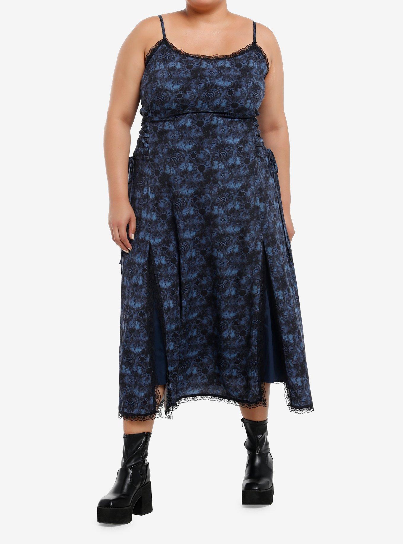 Cosmic Aura Blue Swirl Wash Side Slit Midi Dress Plus Size, , hi-res