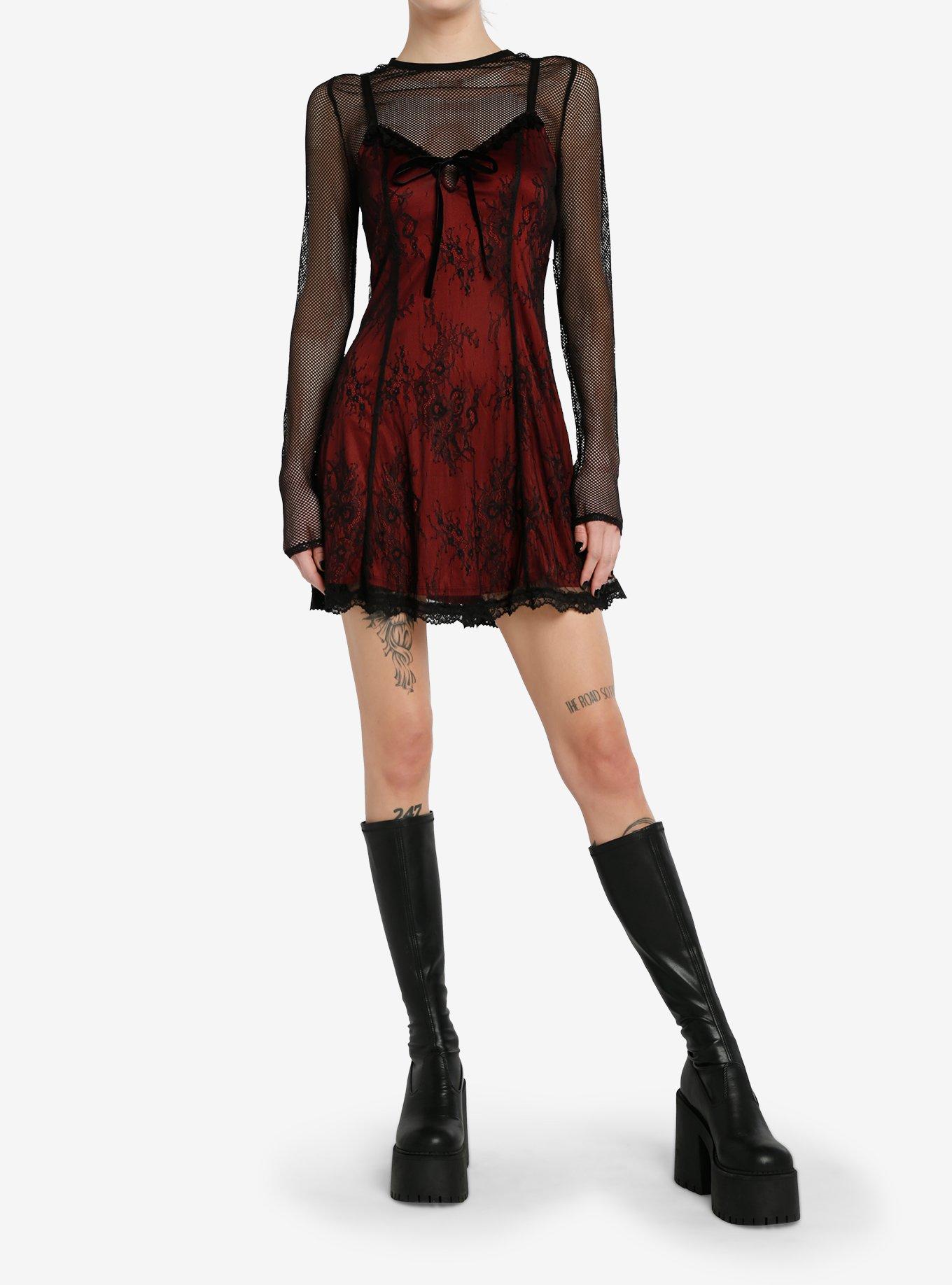 Social Collision Black & Red Lace Twofer Long-Sleeve Dress, BLACK, alternate