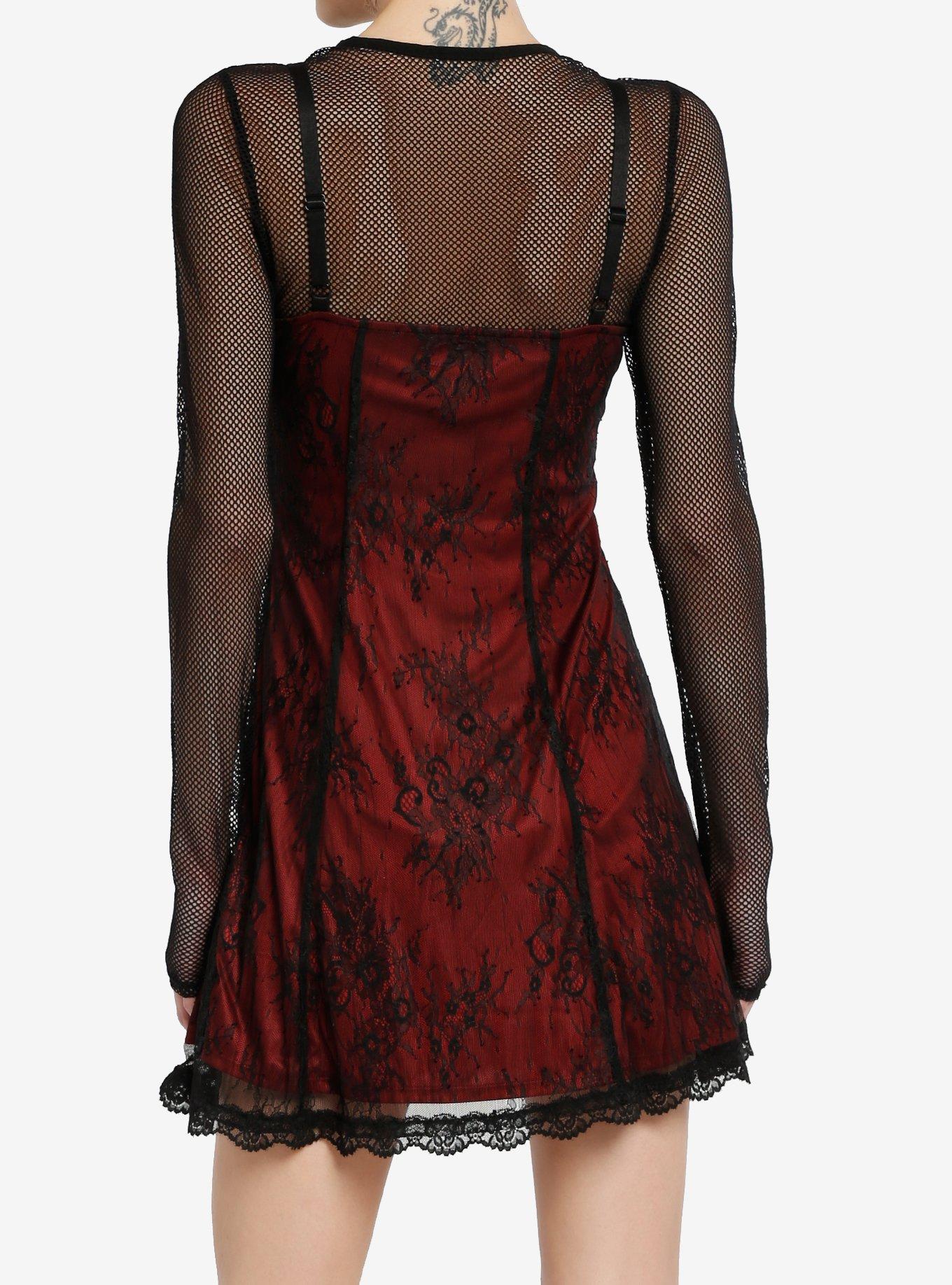 Social Collision Black & Red Lace Twofer Long-Sleeve Dress, BLACK, alternate