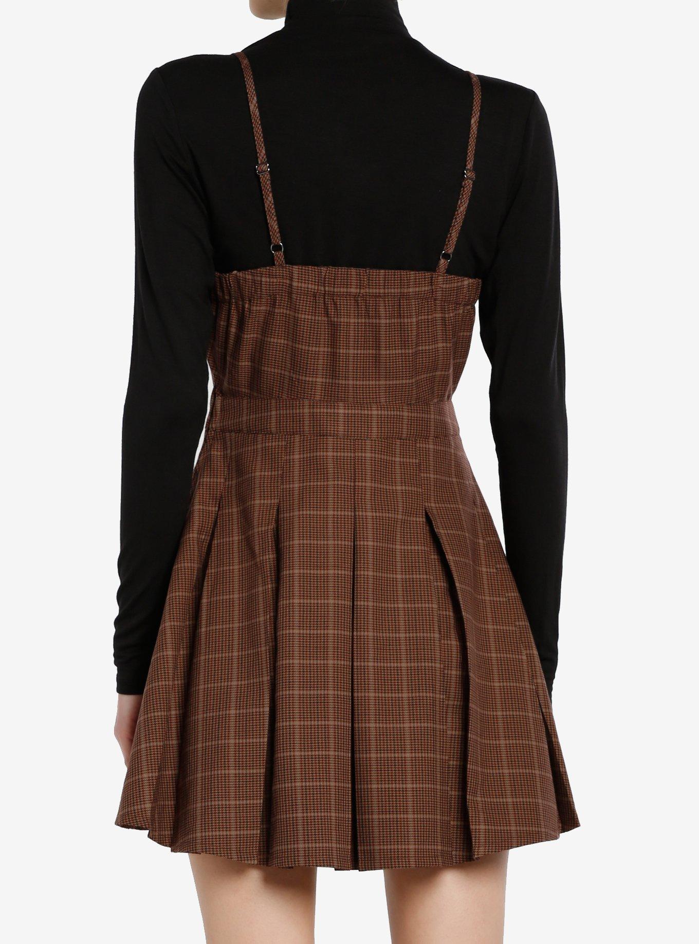 Social Collision Brown Plaid Long-Sleeve Twofer Dress, BLACK, alternate