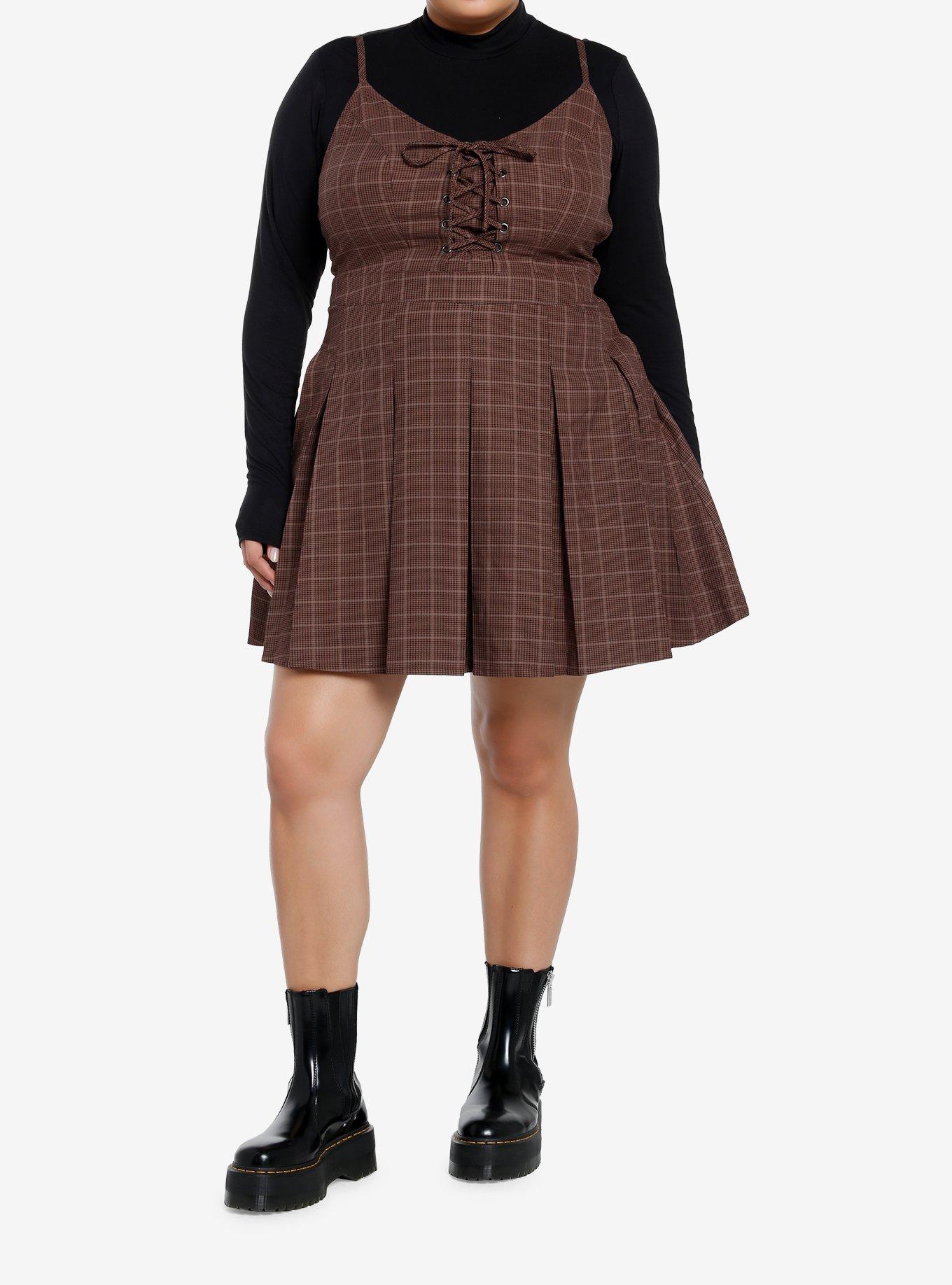Social Collision Brown Plaid Long-Sleeve Twofer Dress Plus Size, BLACK, alternate