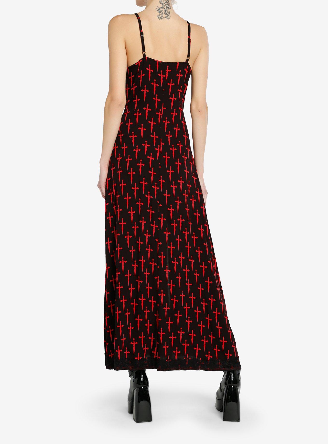 Social Collision Black & Red Dagger Maxi Slip Dress, RED, alternate