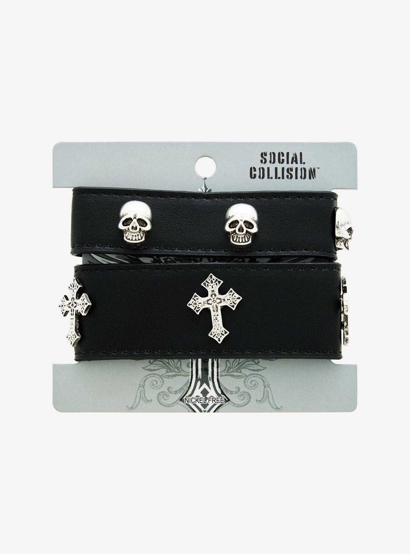 Social Collision Cross & Skull Cuff Bracelet Set, , alternate