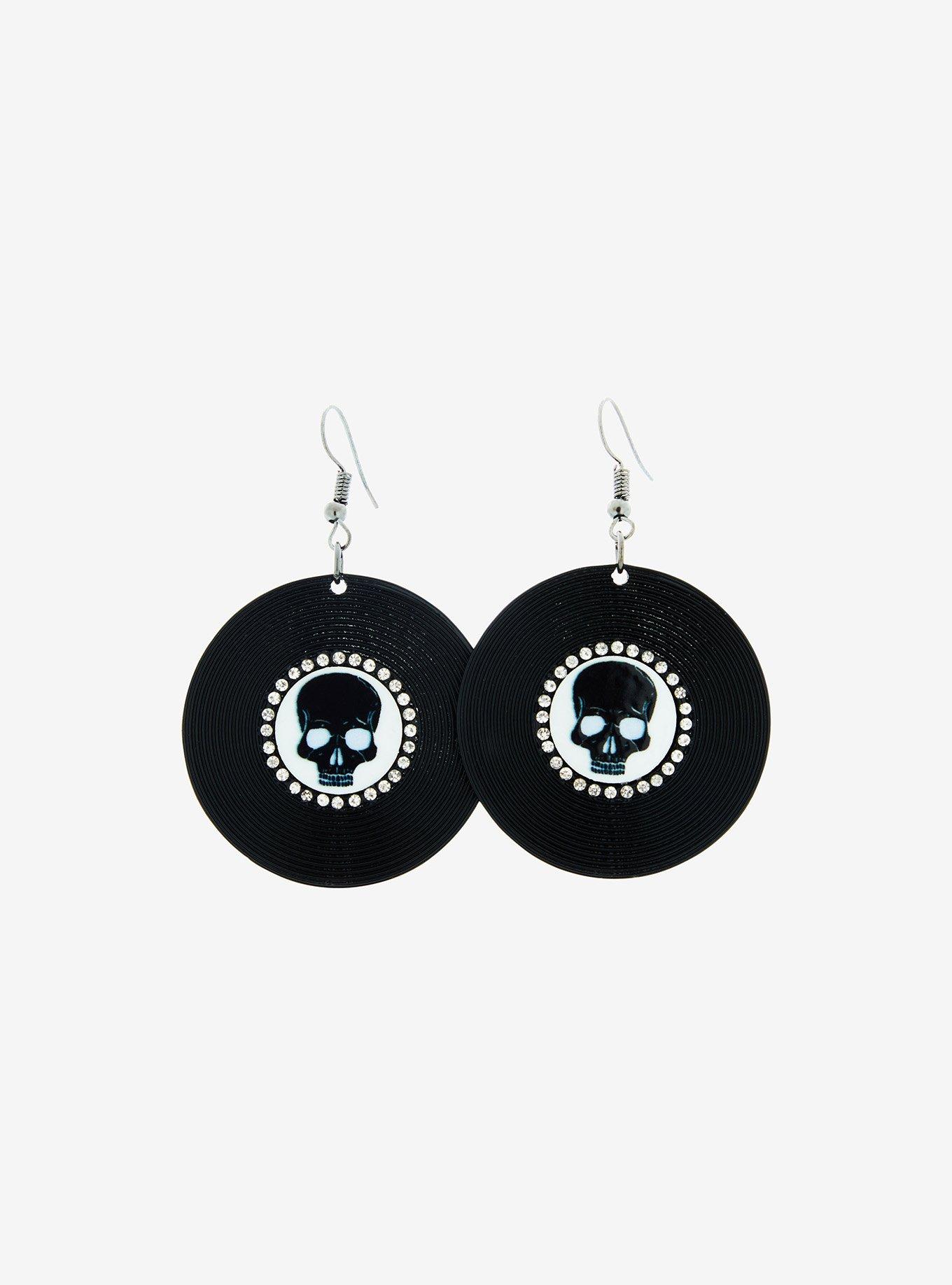 Social Collision Skull Record Drop Earrings, , alternate