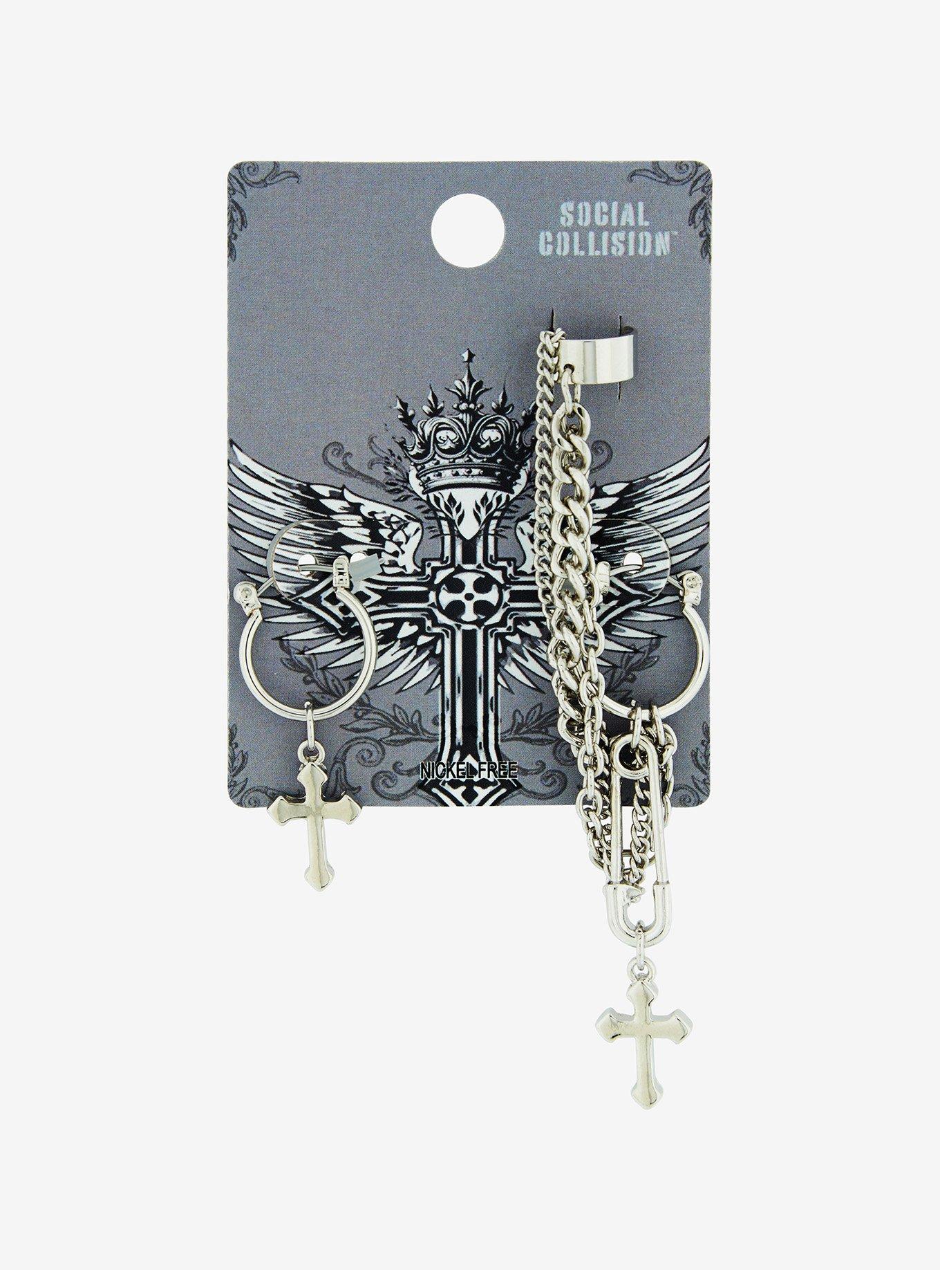 Social Cross Gothic Cross Chain Cuff Earrings, , alternate