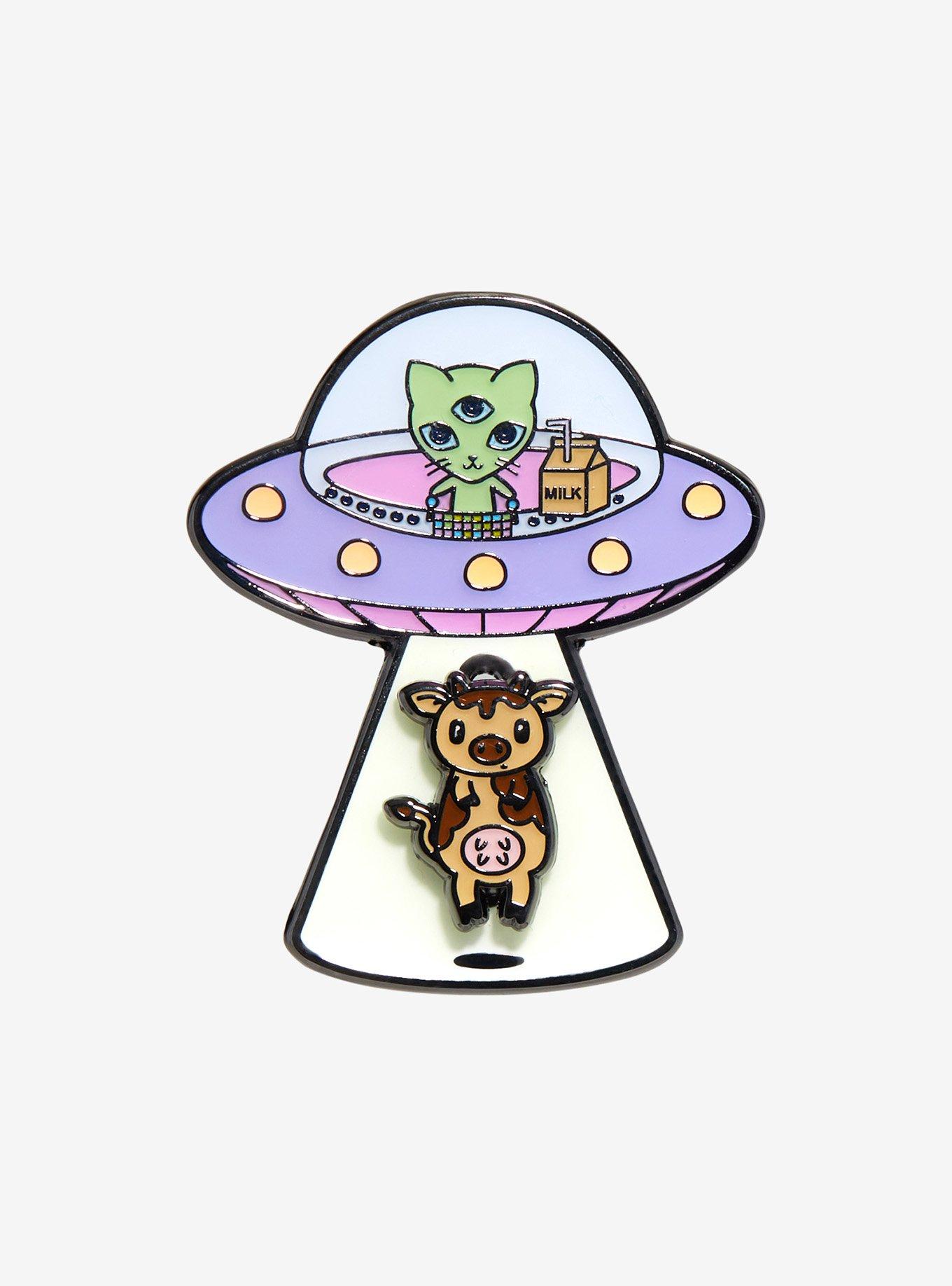 Cat Alien Cow Abduction Glow-In-The-Dark Enamel Pin, , alternate