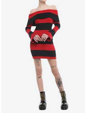 Black & Red Stripe Off-The-Shoulder Long-Sleeve Dress, , hi-res