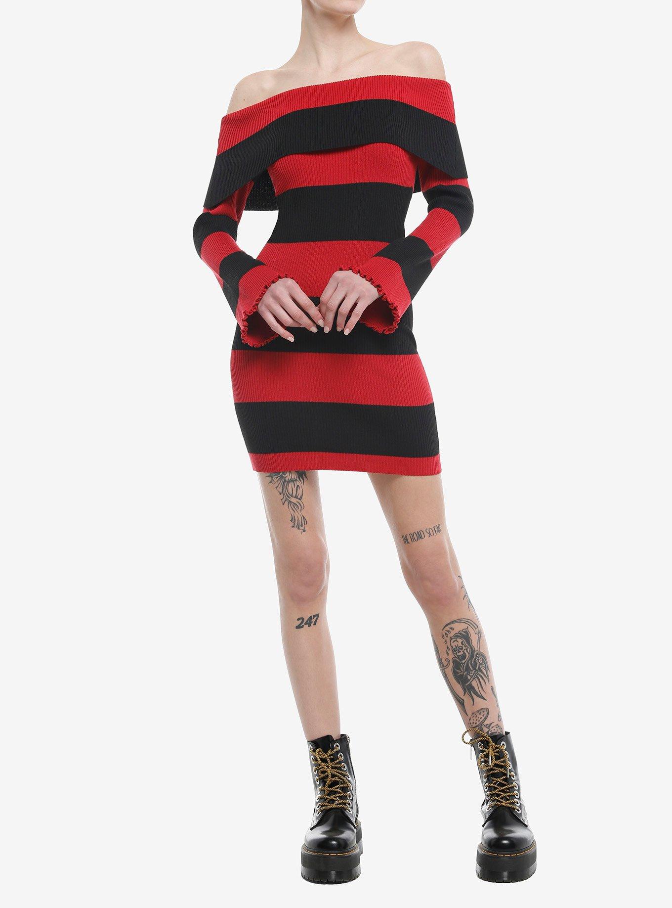 Black & Red Stripe Off-The-Shoulder Long-Sleeve Dress, , hi-res