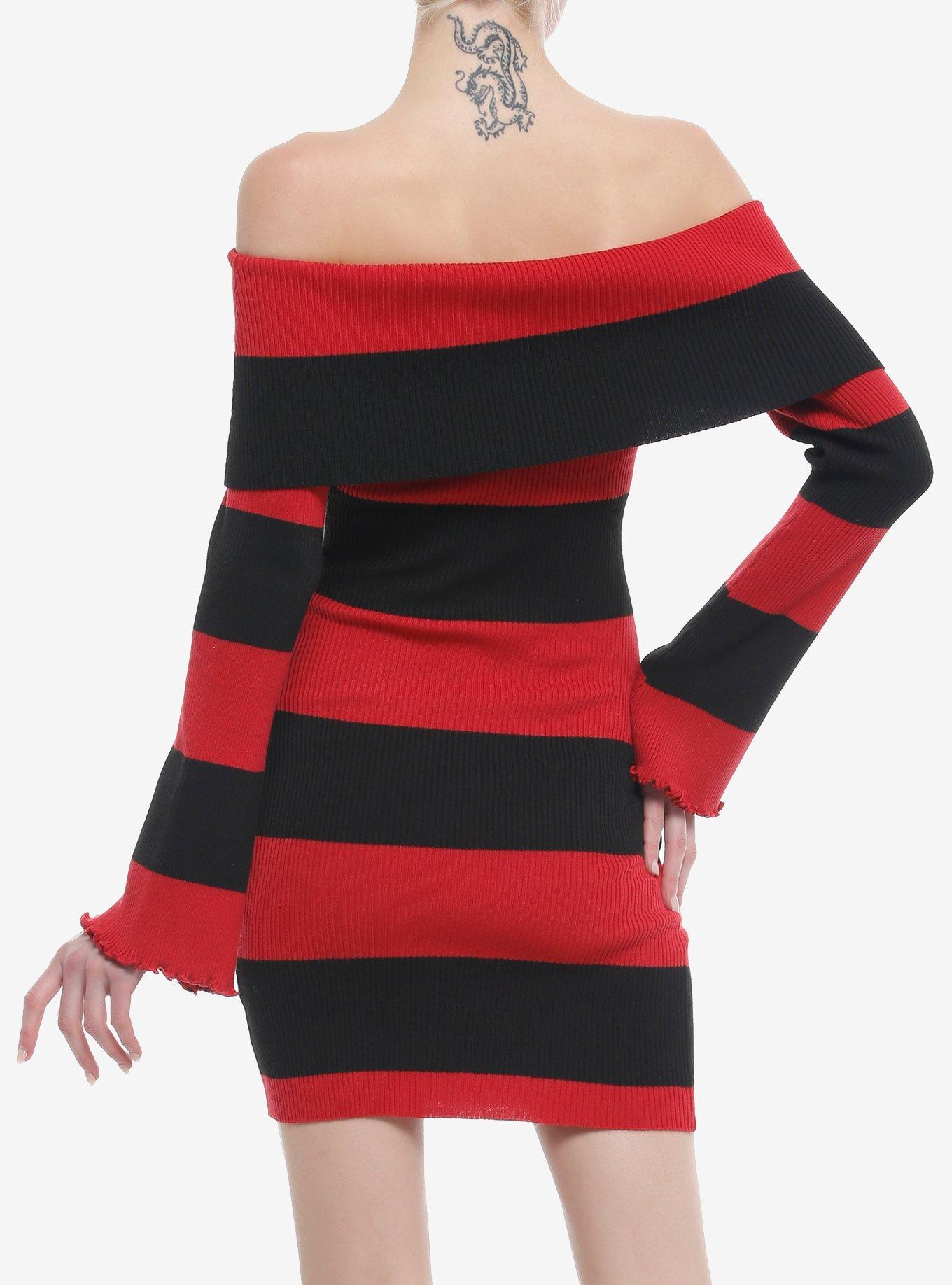 Black & Red Stripe Off-The-Shoulder Long-Sleeve Dress, BLACK, alternate