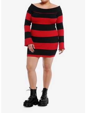 Black & Red Stripe Off-The-Shoulder Long-Sleeve Dress Plus Size, , hi-res