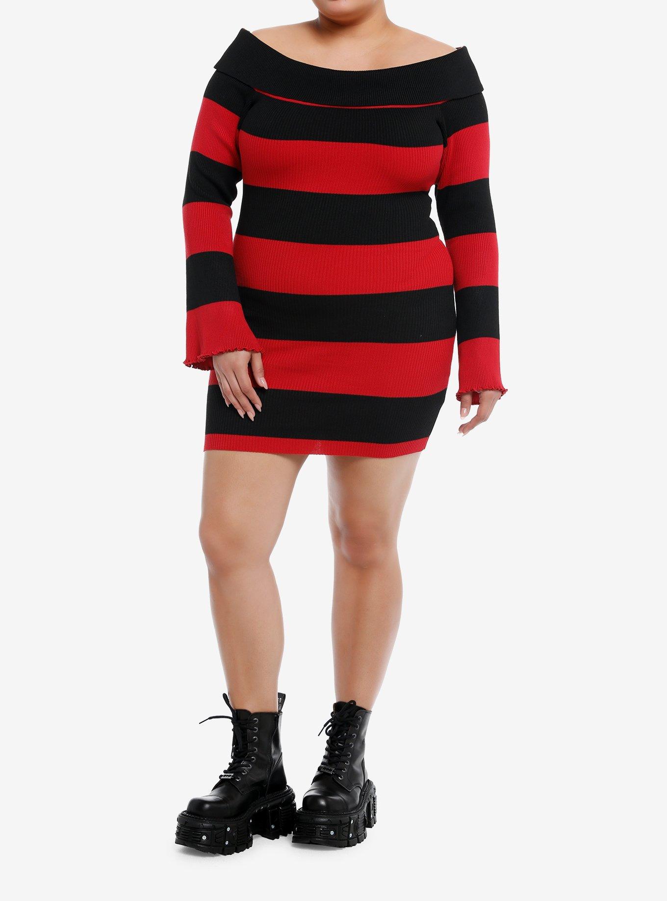 Black & Red Stripe Off-The-Shoulder Long-Sleeve Dress Plus Size, BLACK, alternate