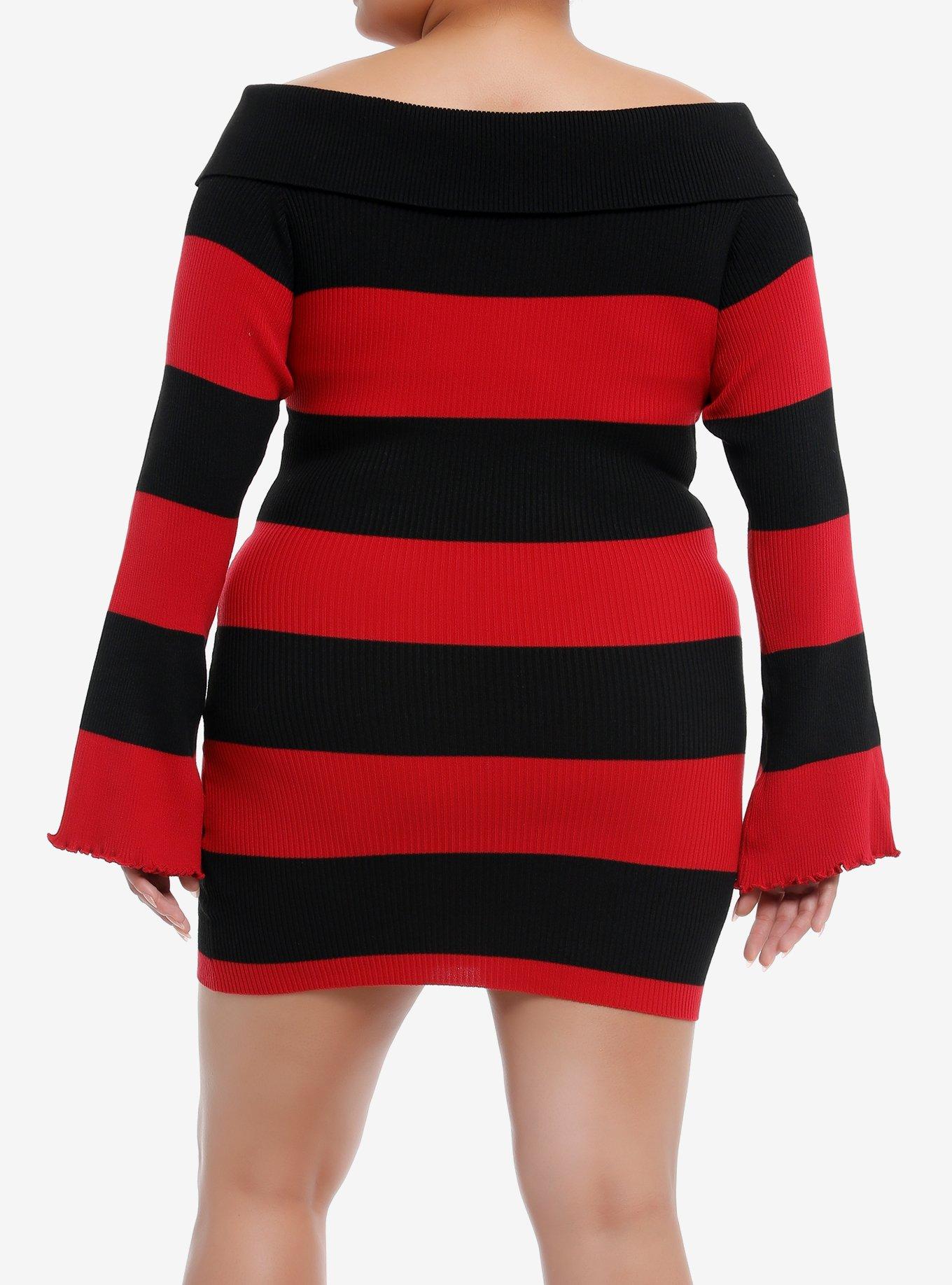 Black & Red Stripe Off-The-Shoulder Long-Sleeve Dress Plus Size, BLACK, alternate