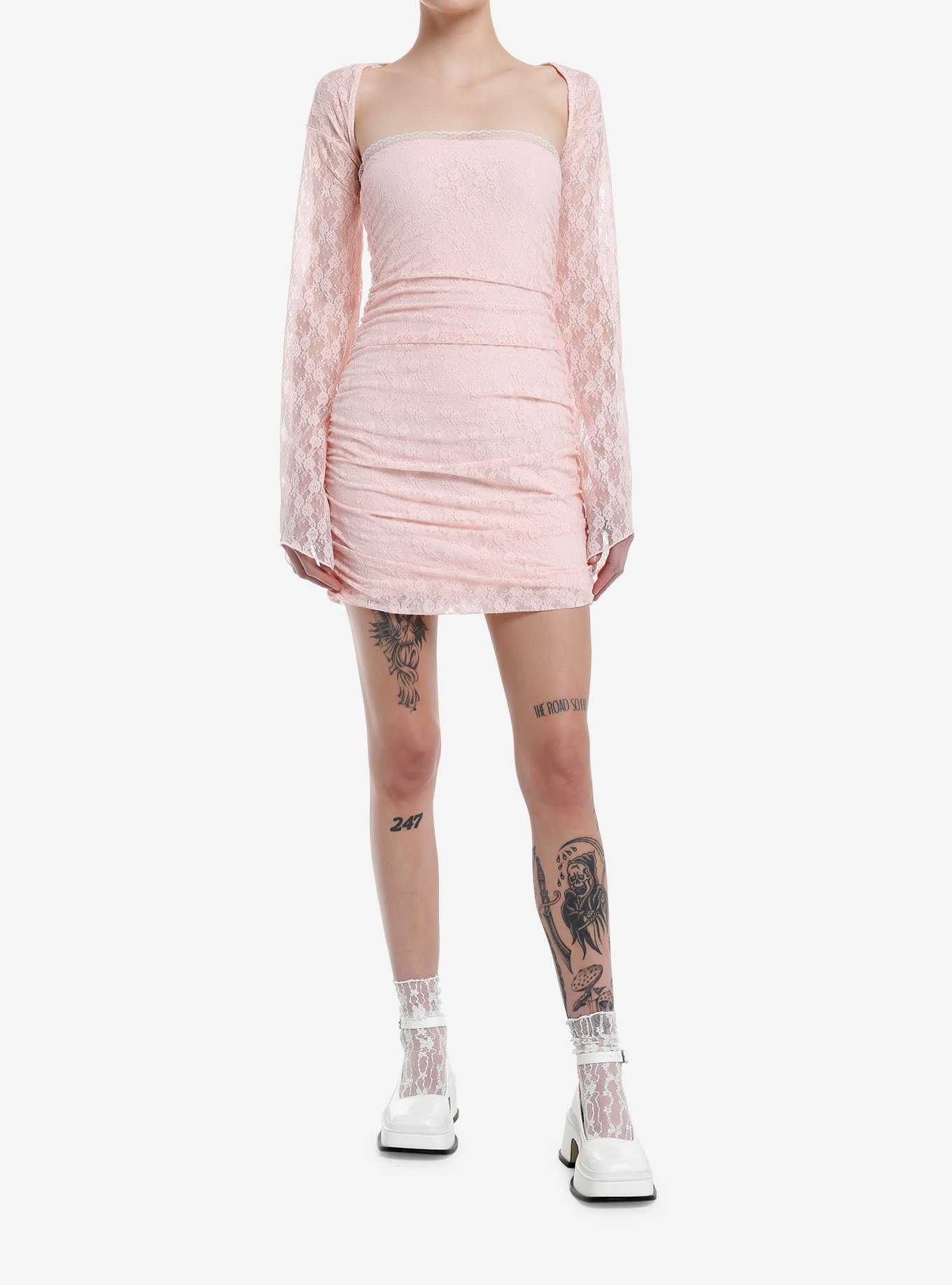 Daisy Street Pink Lace Ruched Bell Sleeve Dress, , hi-res