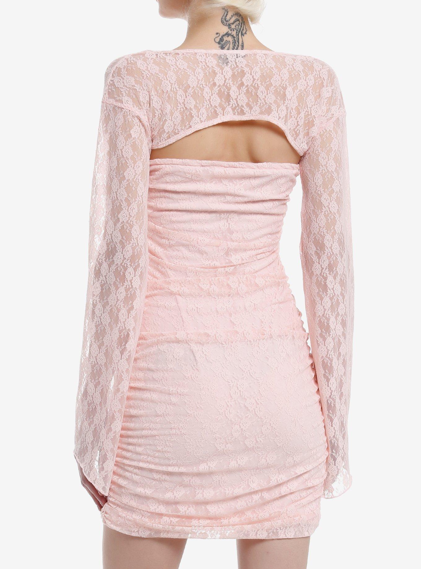 Daisy Street Pink Lace Ruched Bell Sleeve Dress, PINK, alternate