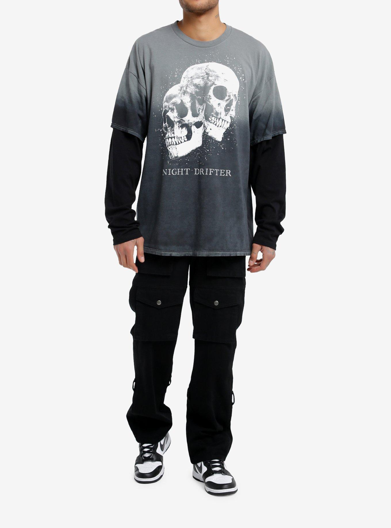 Social Collision Skulls Oversized TwoferLong-Sleeve T-Shirt, BLACK, alternate