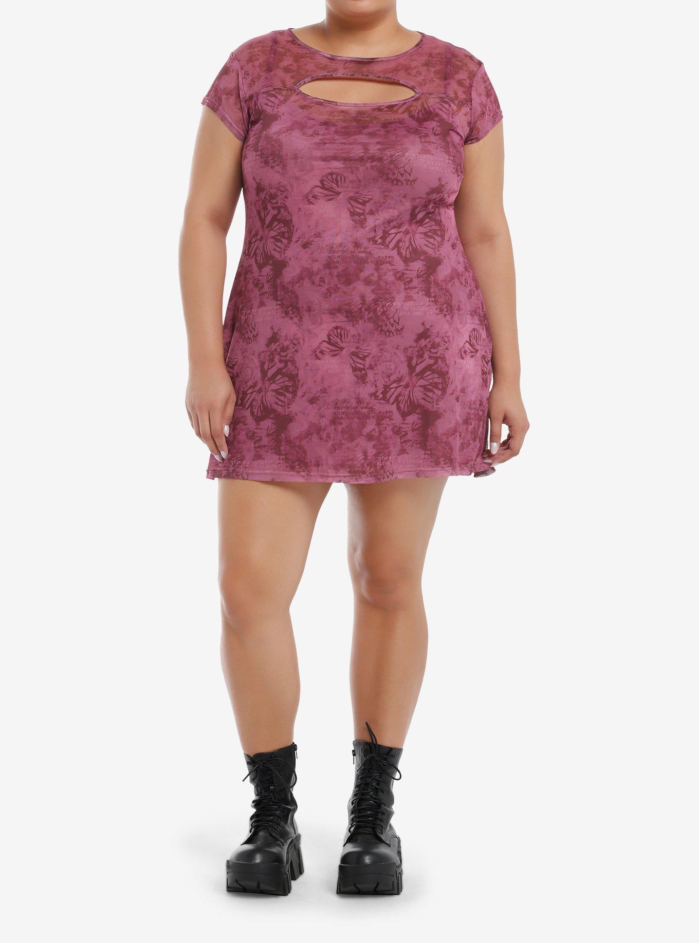 Pink Butterfly Cutout Mesh Mini Dress Plus Size, , hi-res