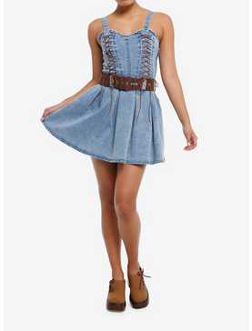 Sweet Society® Brown Lace-Up Belted Denim Dress, , hi-res